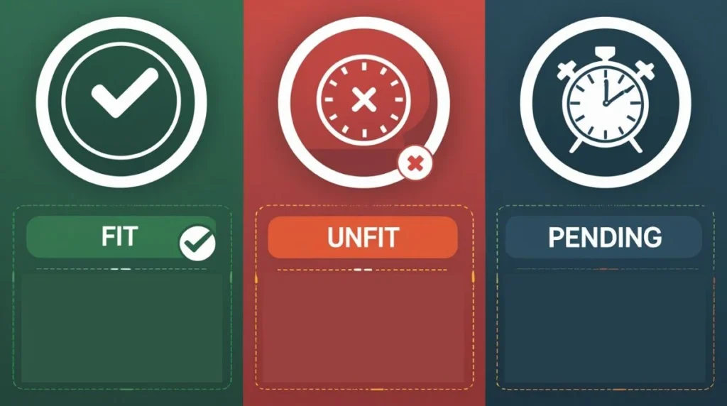 Medical report status types infographic showing FIT, UNFIT, and PENDING statuses