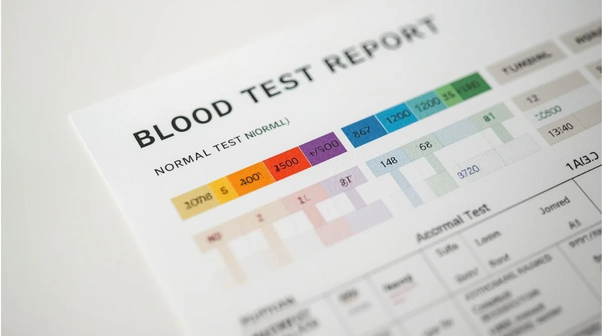 Blood test report with highlighted health markers